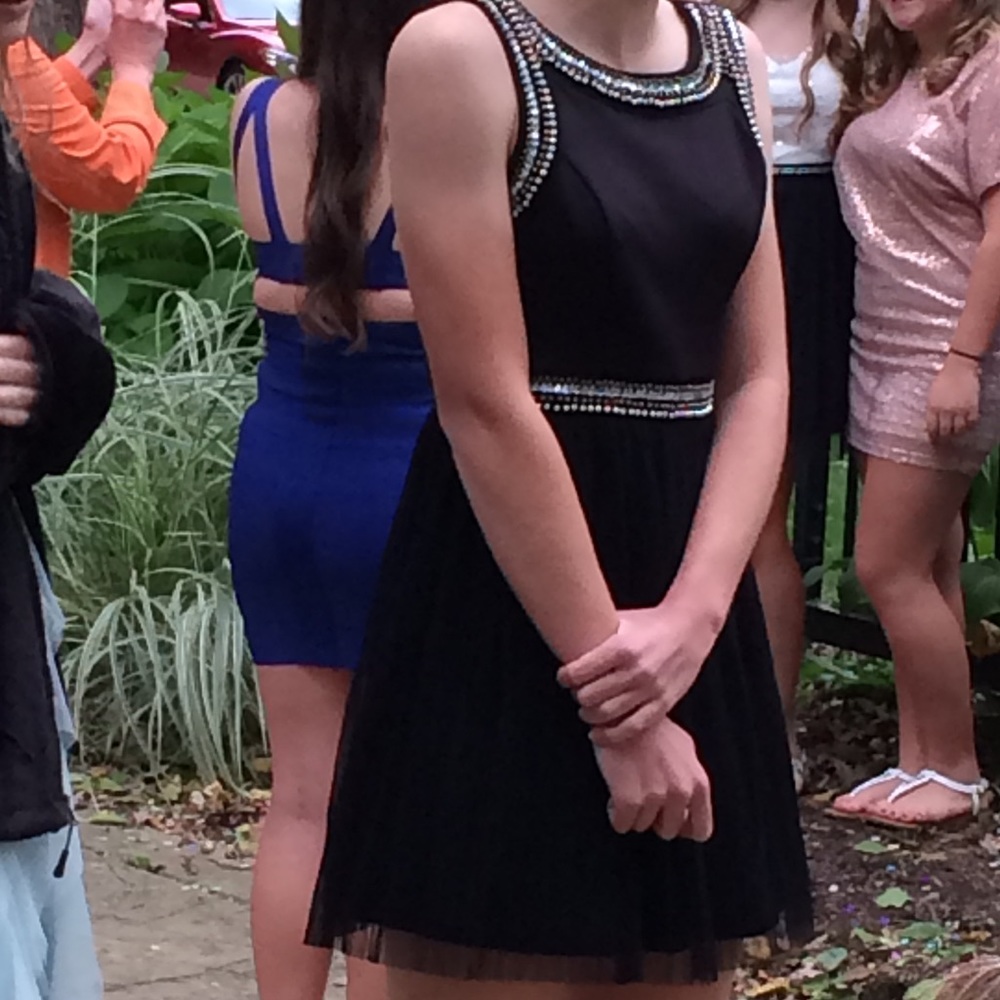 Black Homecoming Dress w/silver & gold beading low V back skater tank top